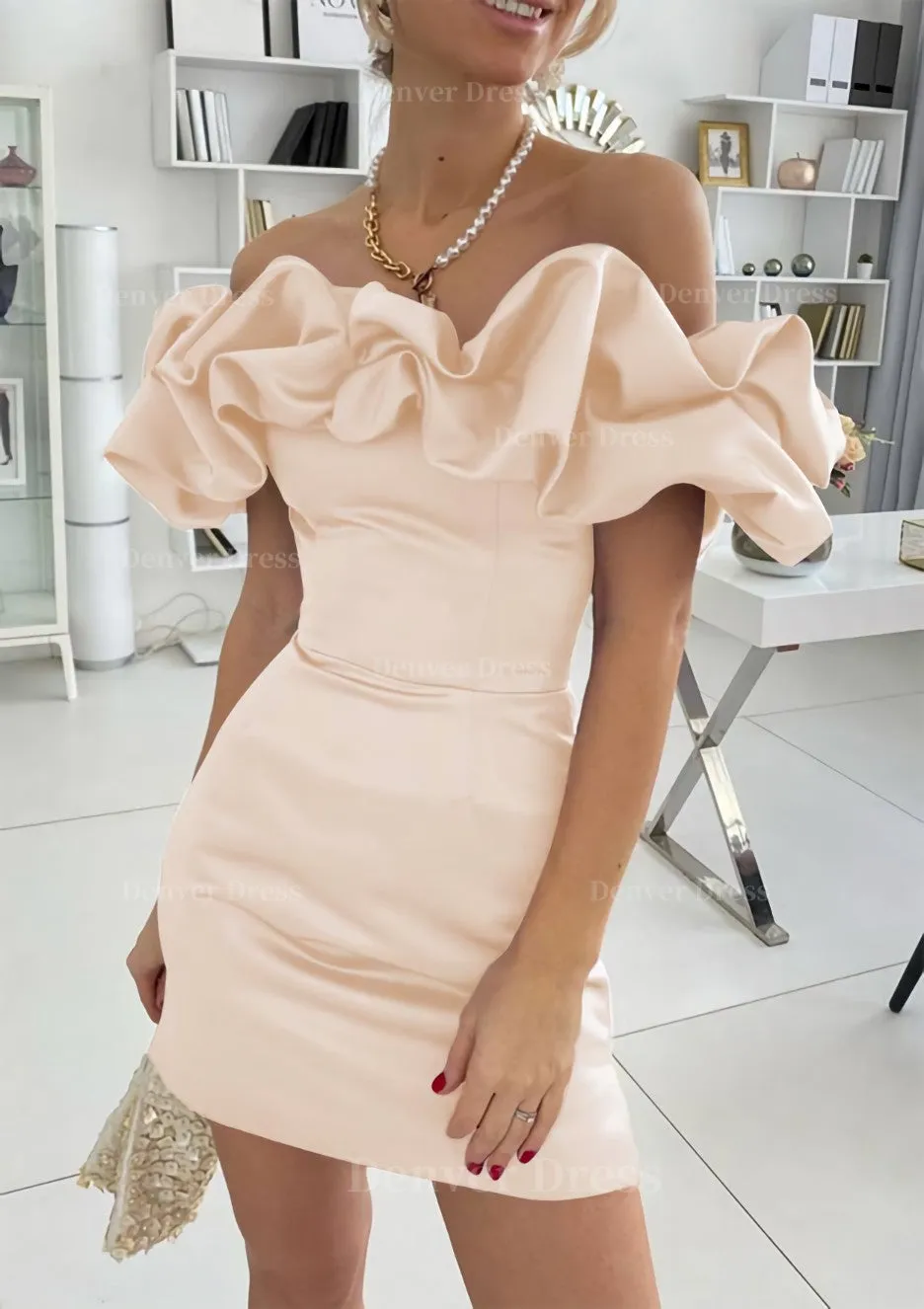 Sheath/Column Off-the-Shoulder Sleeveless Satin Short/Mini Homecoming Dress With Ruffles