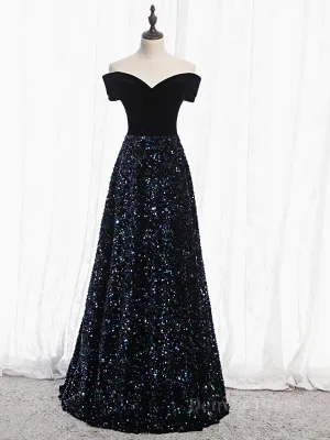 Shiny Off the Shoulder Black Prom Dresses with Corset Back Shiny Black Long Formal Evening Dresses