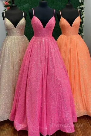 Shiny Tulle V Neck Backless Hot Pink/Orange/Champagne Long Prom Dresses Backless Hot Pink/Orange/Champagne Formal Graduation Evening Dresses