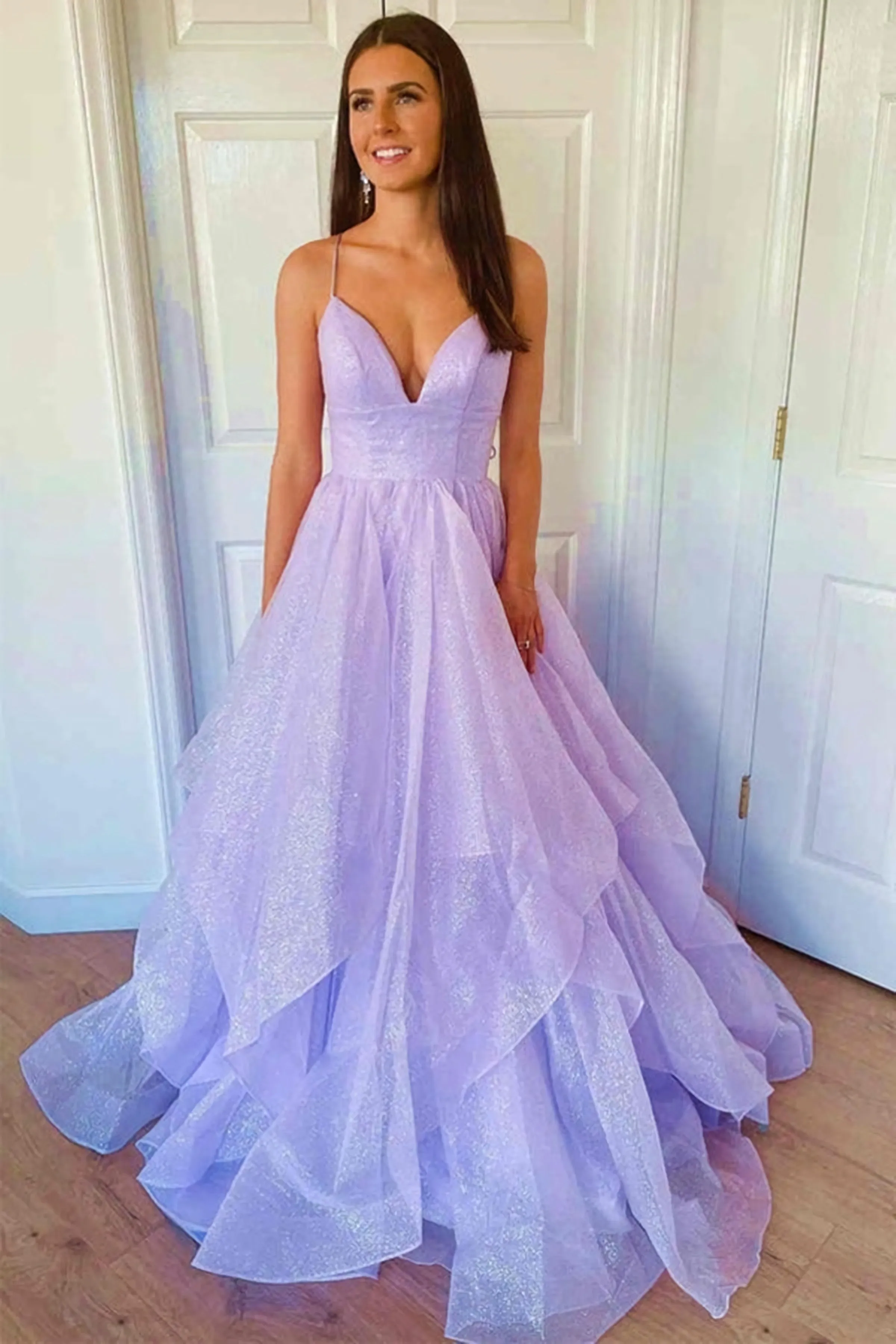 Shiny Tulle V Neck Backless Purple Long Evening Dress, Backless Lavender Formal Prom Dresses