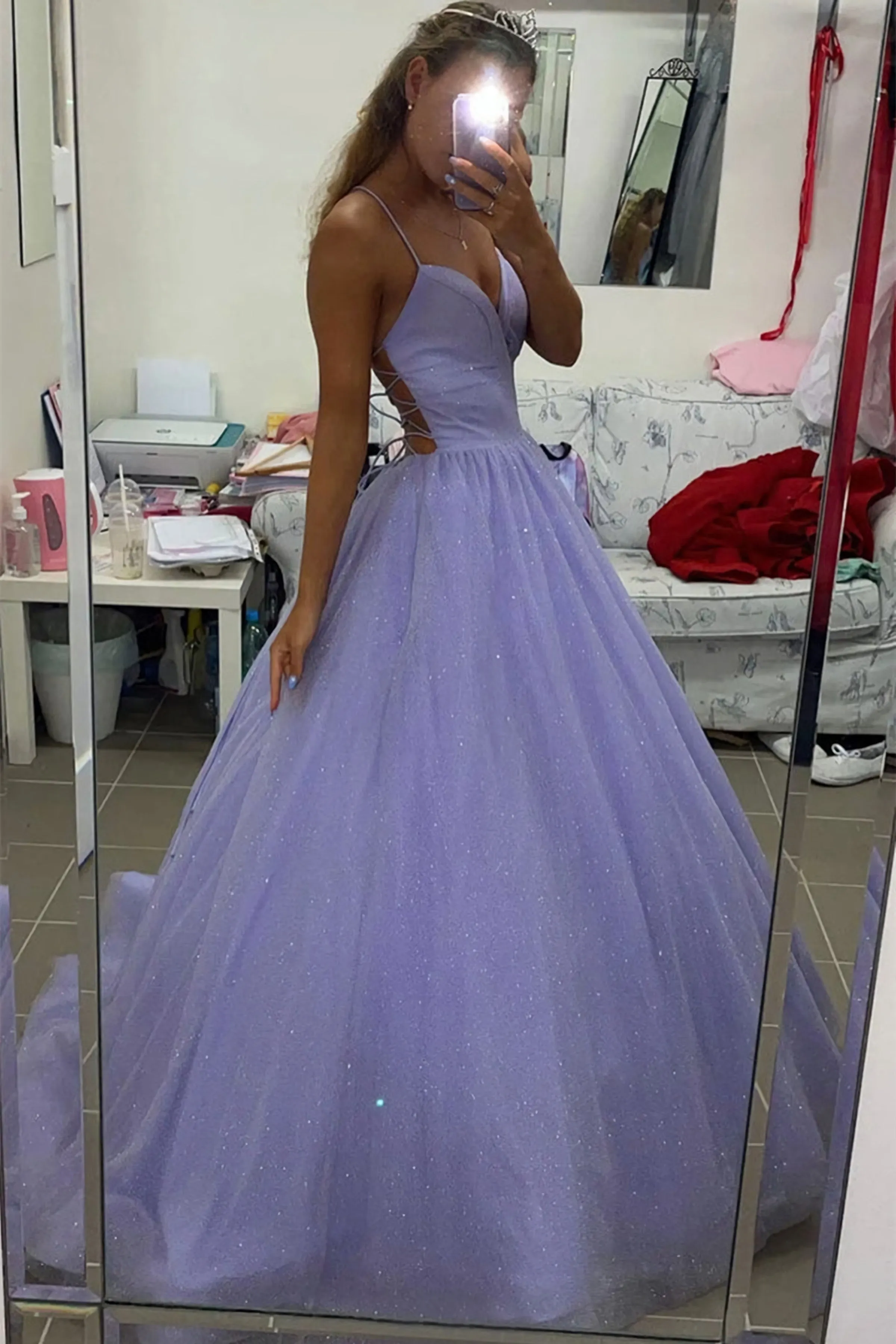 Shiny V Neck Backless Purple Tulle Long Evening Dress With Pocket Backless Purple Formal Prom Dresses