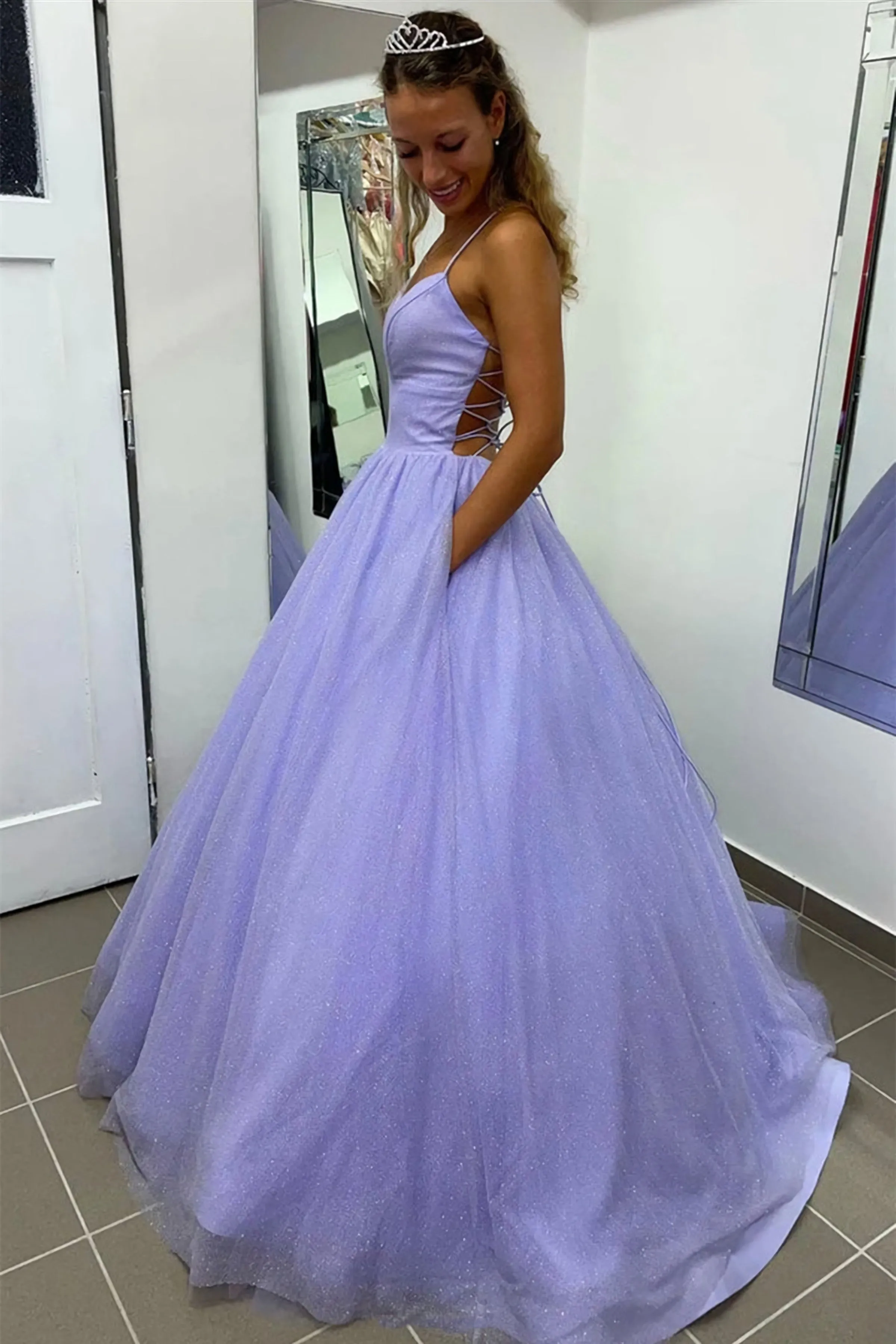 Shiny V Neck Backless Purple Tulle Long Evening Dress With Pocket Backless Purple Formal Prom Dresses