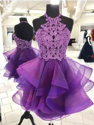 Short Backless Purple Organza Lace Prom Dresses