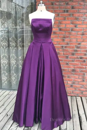 Simple Backless Purple Satin Long Prom Dresses Backless Purple Formal Dresses Purple Evening Dresses