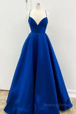 Simple V Neck Backless Royal Blue Satin Long Prom Dress Royal Blue Backless Formal Dress Royal Blue Evening Dress Ball Gown