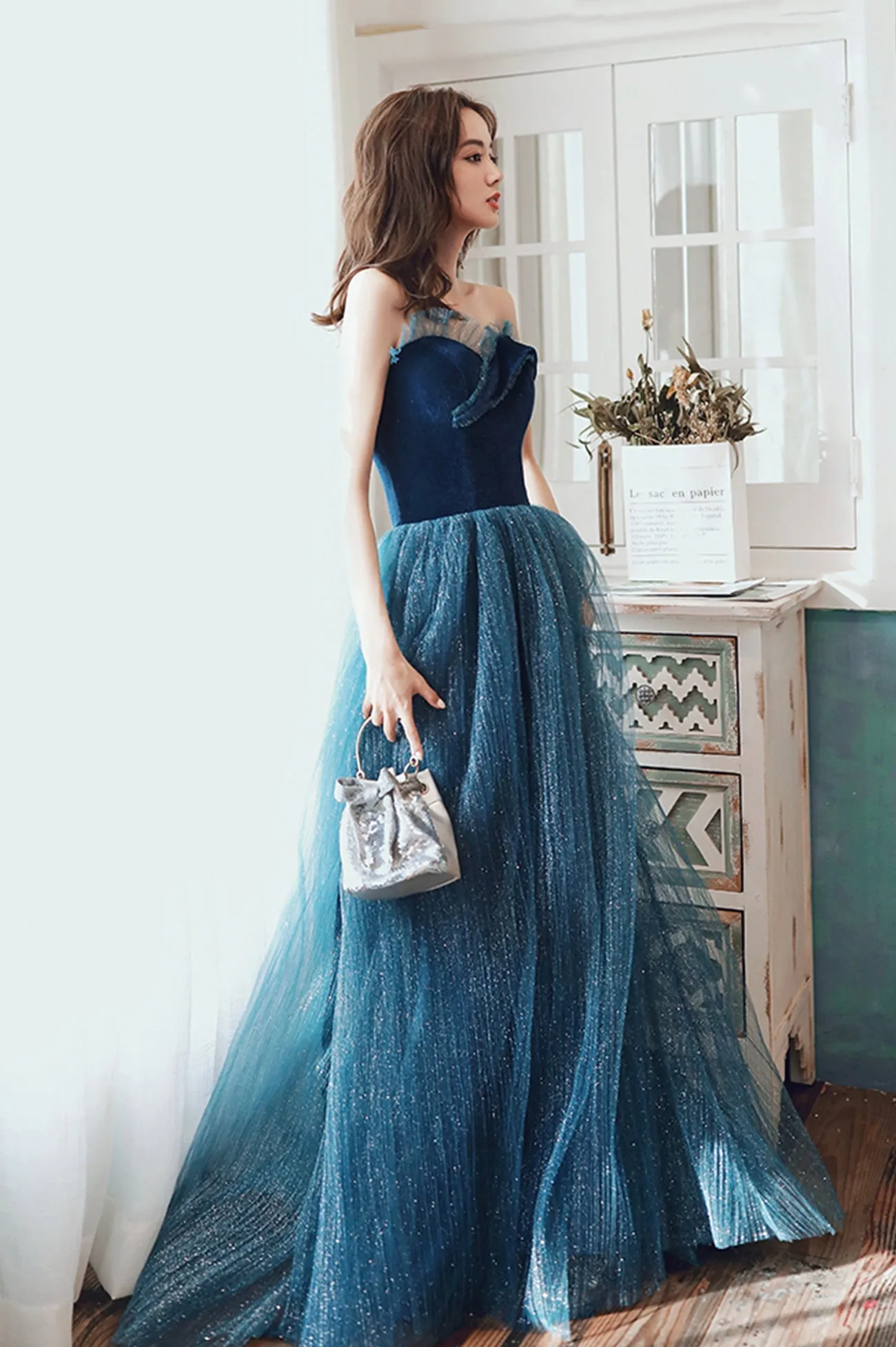 solvbao Blue Velvet Tulle Long Formal Evening Dresses, A-Line Graduation Dresses