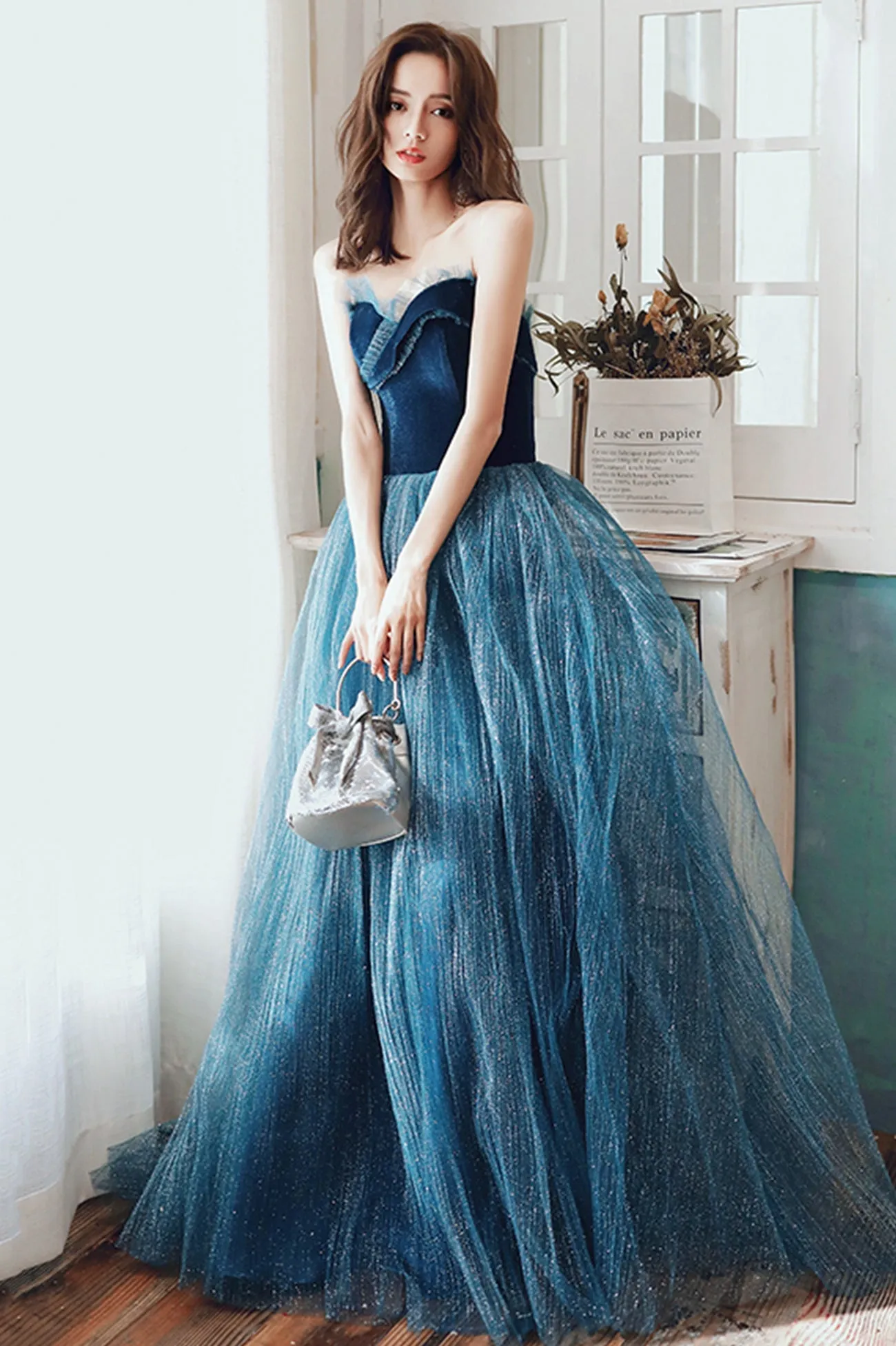 solvbao Blue Velvet Tulle Long Formal Evening Dresses, A-Line Graduation Dresses