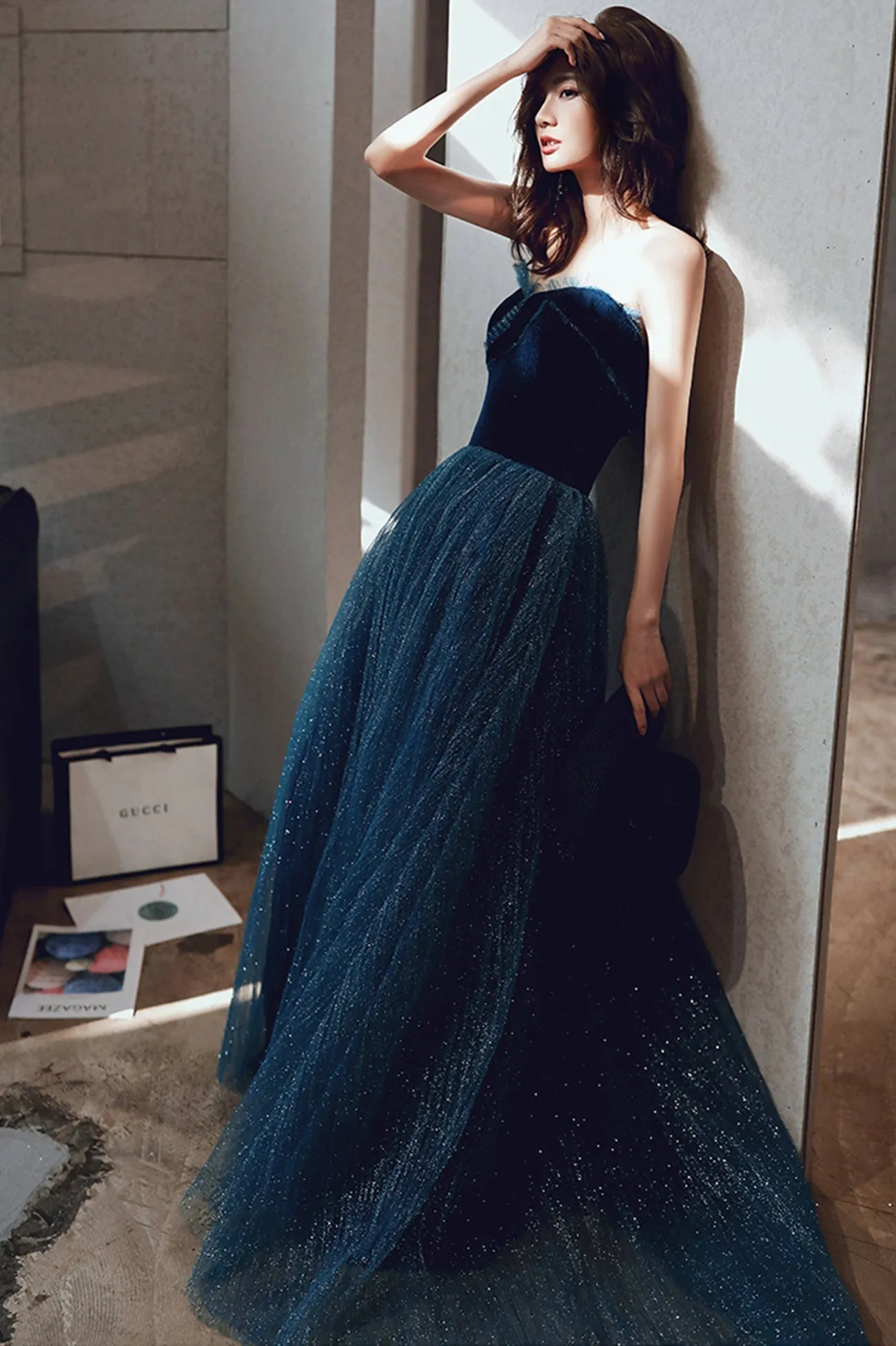 solvbao Blue Velvet Tulle Long Formal Evening Dresses, A-Line Graduation Dresses