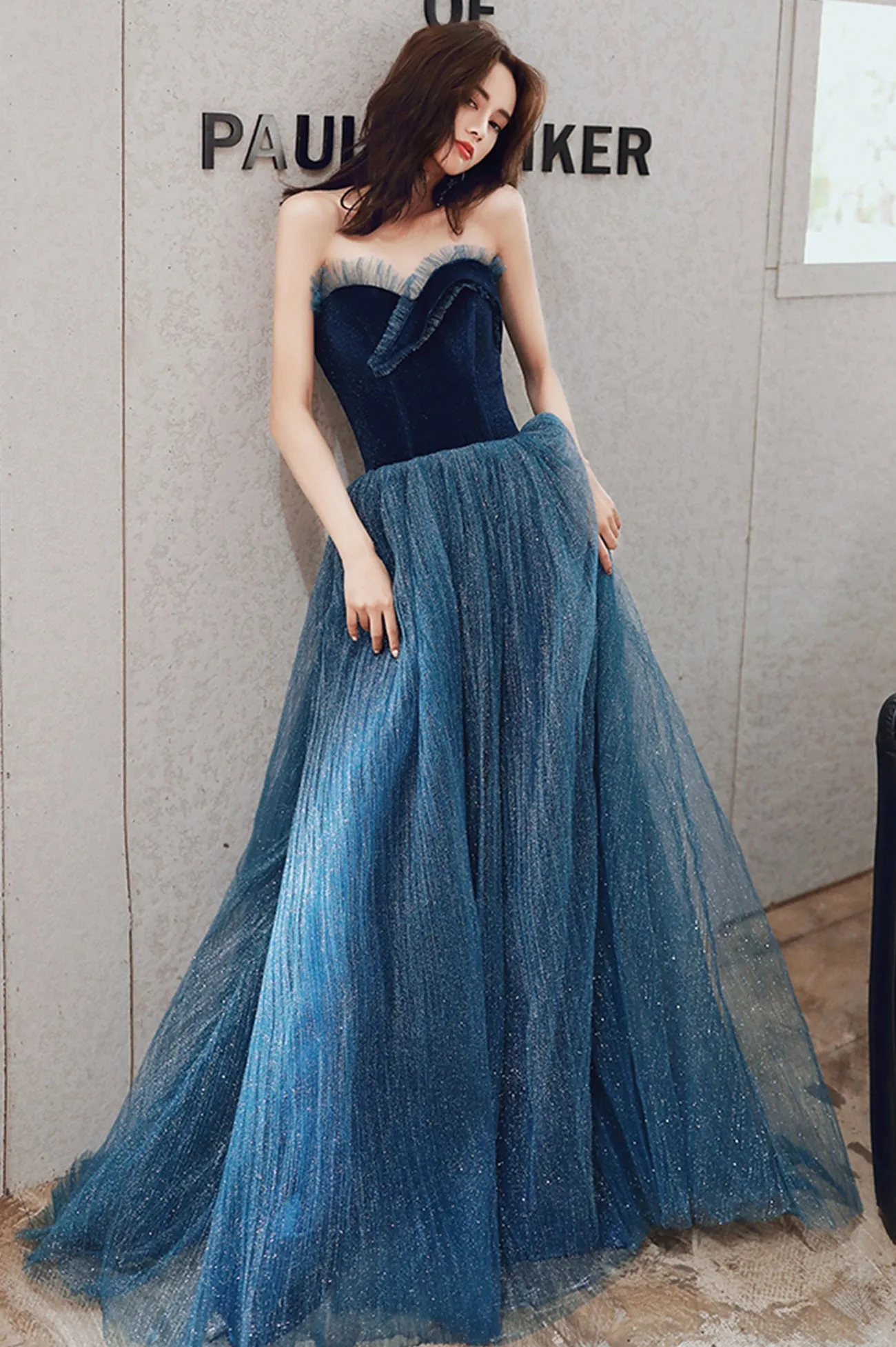 solvbao Blue Velvet Tulle Long Formal Evening Dresses, A-Line Graduation Dresses