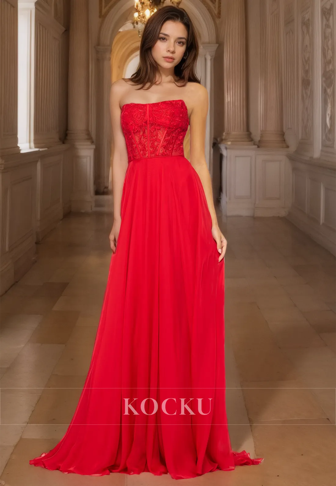 Strapless A-Line Sleeveless Sweep Train Pleaated Lace Formal Dress with Appliques Prom Dress