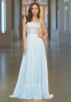 Strapless A-Line Sleeveless Sweep Train Pleaated Lace Formal Dress with Appliques Prom Dress