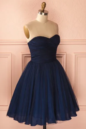 Strapless Short Navy Blue Tulle Homecoming Dress