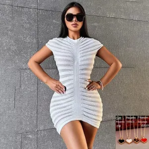 Stretch Skinny Short Knit 2024 O-Neck Sexy Solid Sleeve Summer Striped Dress