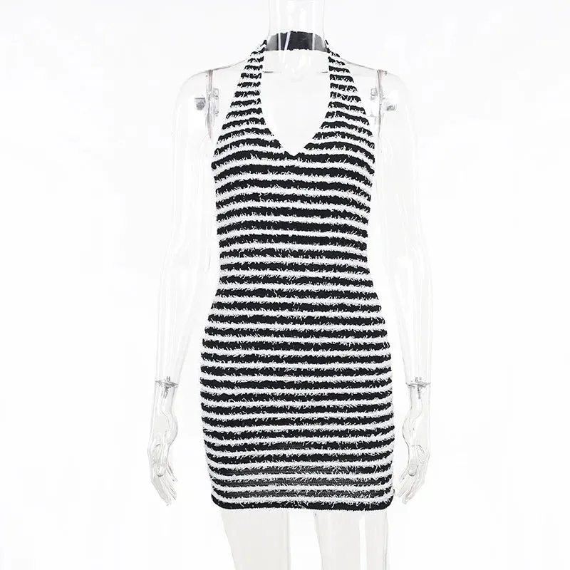 Striped Knitted Vacation Halter Bodycon Dress