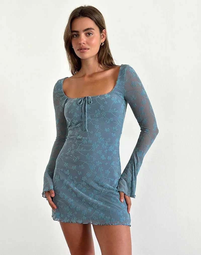 Tatyana Mini Dress in Grunge Floral Blue Grey