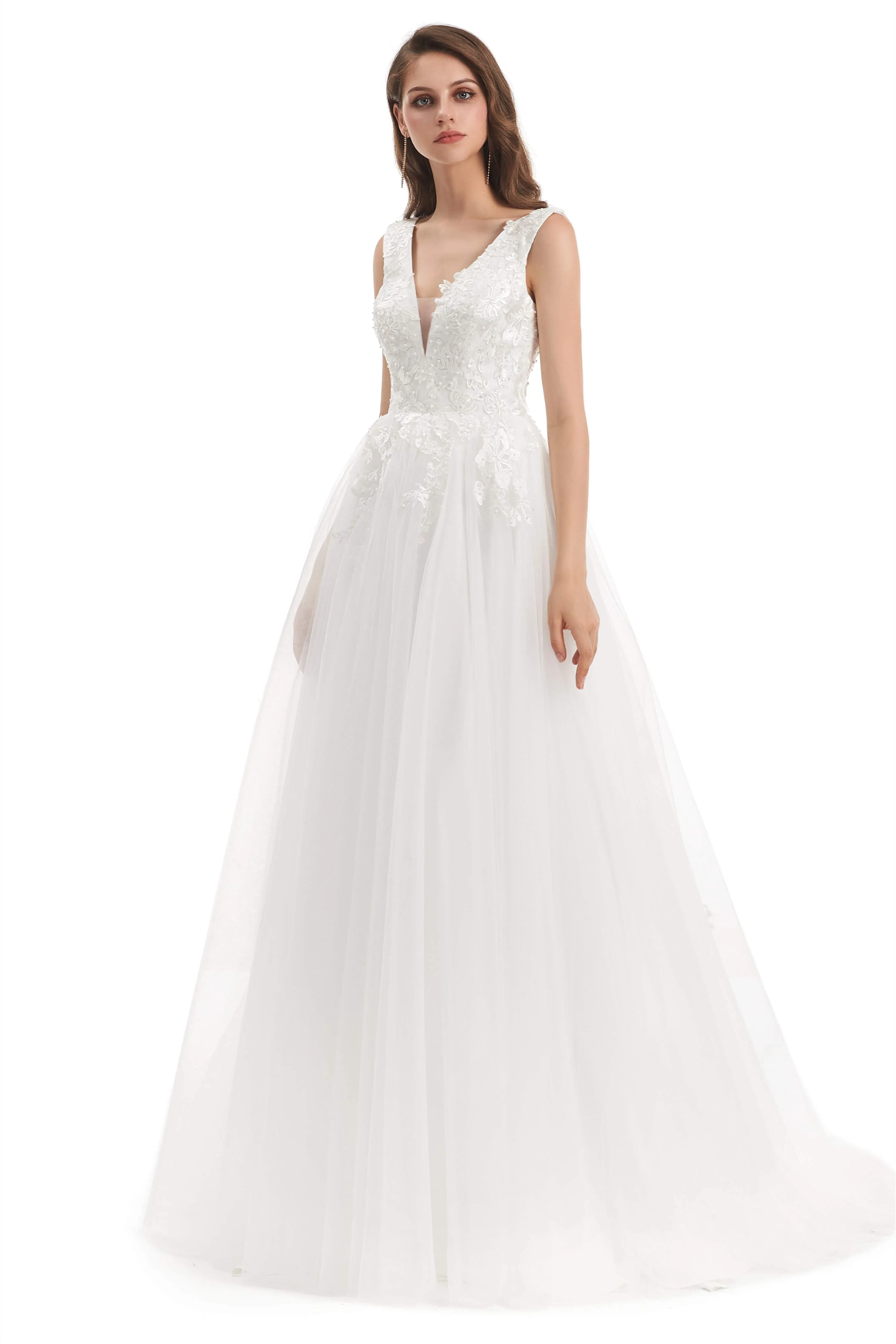 Tulle V-neck Backless Appliques Wedding Dresses