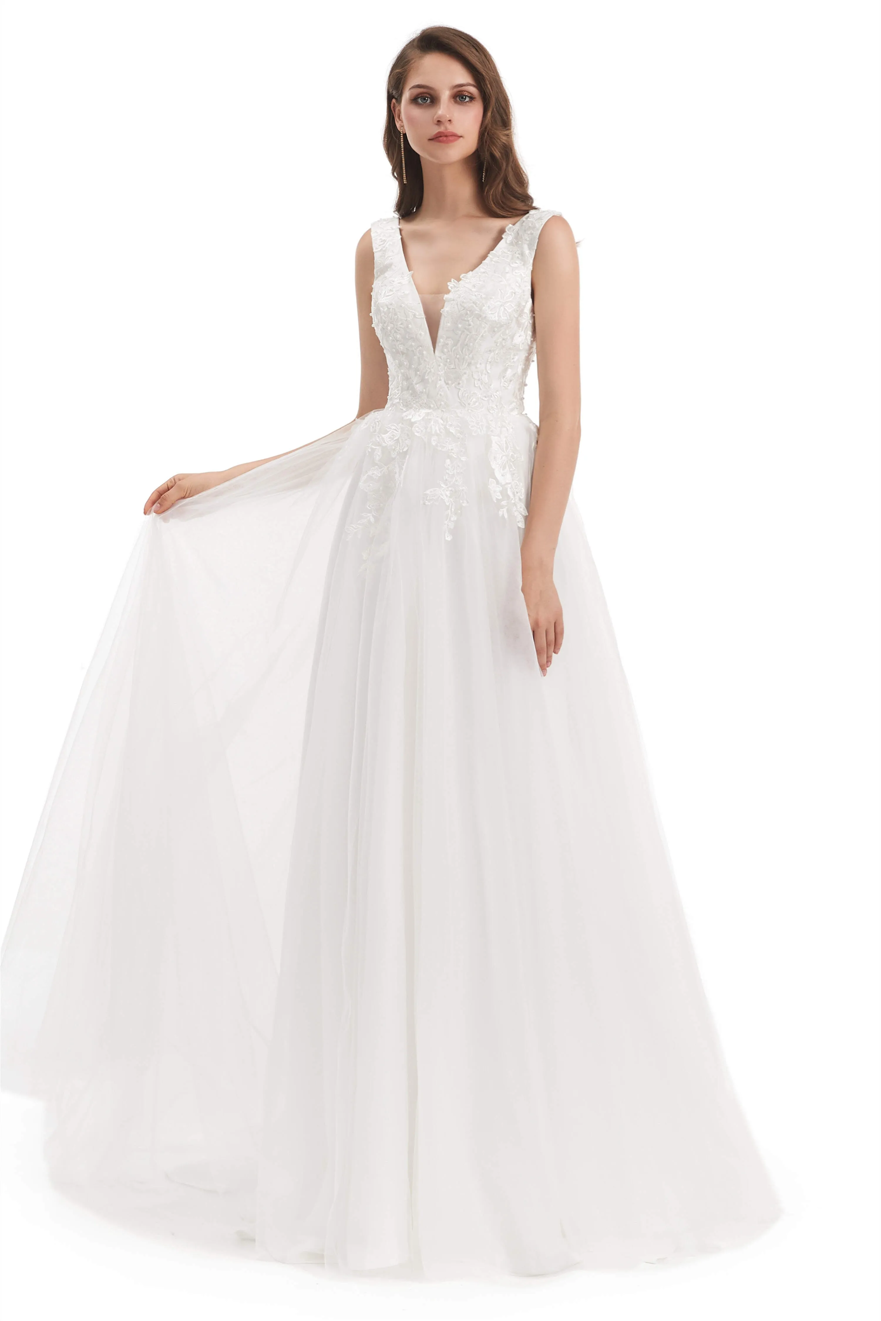 Tulle V-neck Backless Appliques Wedding Dresses