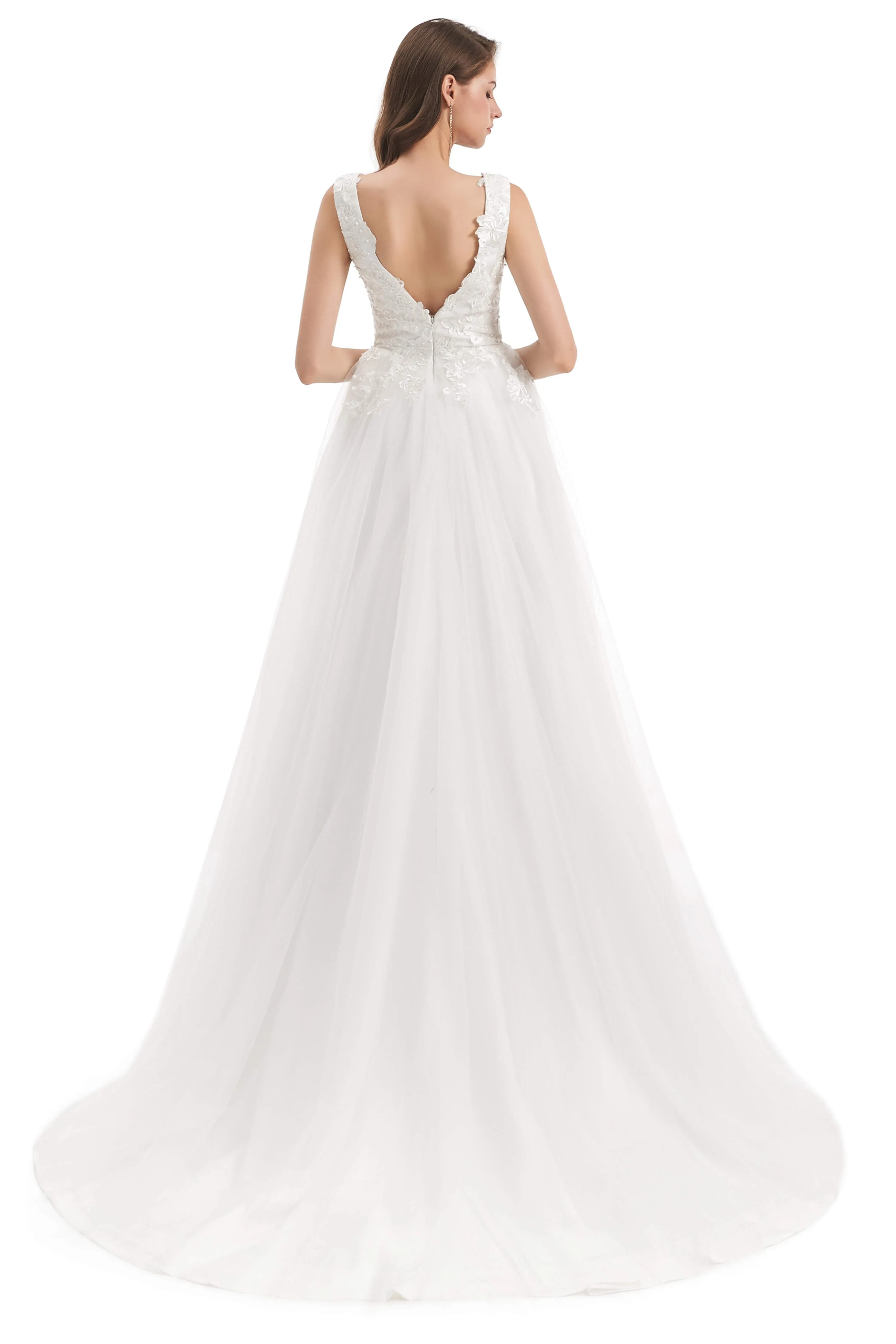 Tulle V-neck Backless Appliques Wedding Dresses