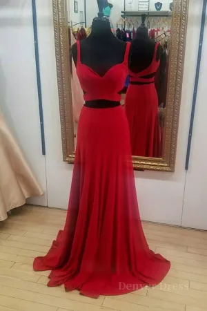 Two Pieces Red Long Prom Dresses 2 Pieces Red Long Formal Evening Dresses