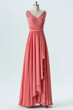 V Neck and V Back High Low Coral Chiffon Long Prom Dresses Long Coral Formal Evening Bridesmaid Dresses with Slit