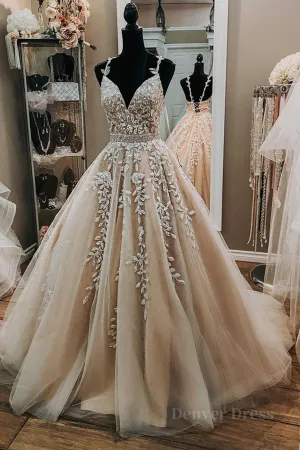 V Neck Backless Champagne Tulle Lace Long Prom Dresses Champagne Lace Formal Evening Dresses Champagne Ball Gown