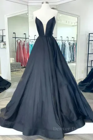 V Neck Strapless Black Satin Long Prom Dresses Strapless Black Formal Dresses Long Black Evening Dresses