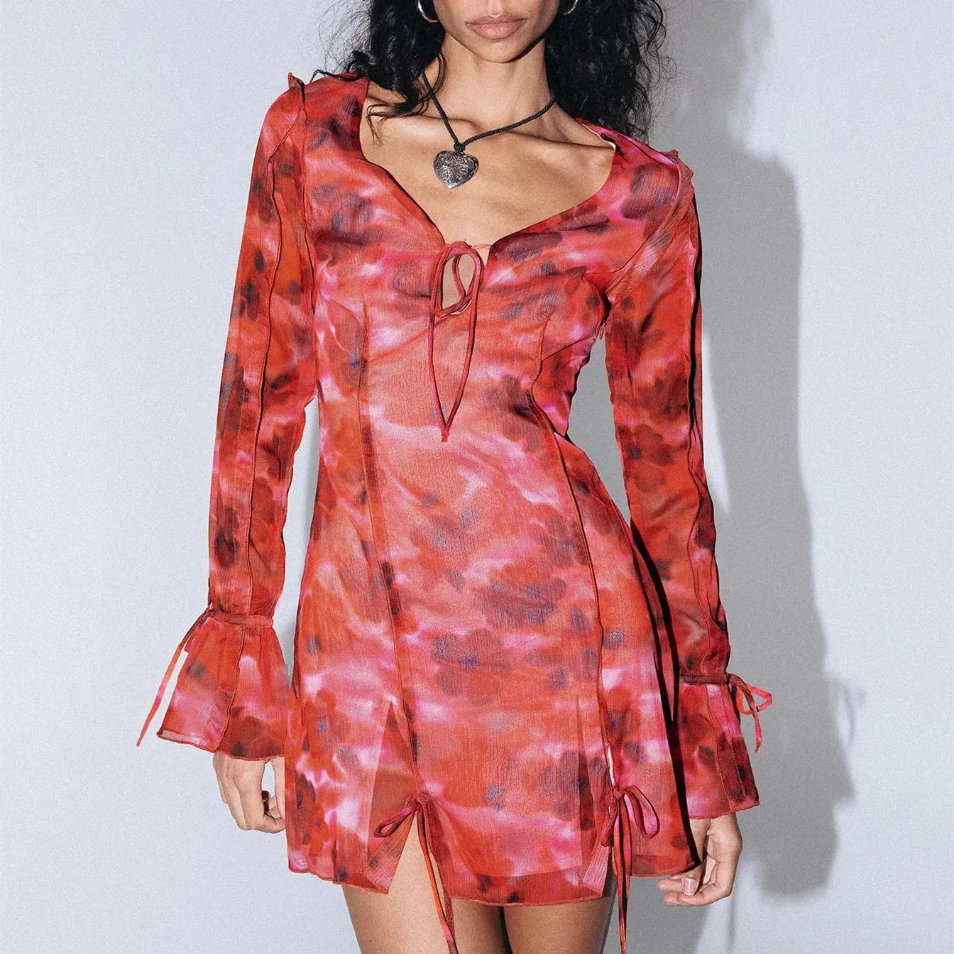 Vintage Floral Print Long Sleeve V Neck Tie-up Front Split Hem Mini Dress